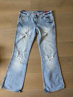 X2 Light Blue Distressed Flare Jeans